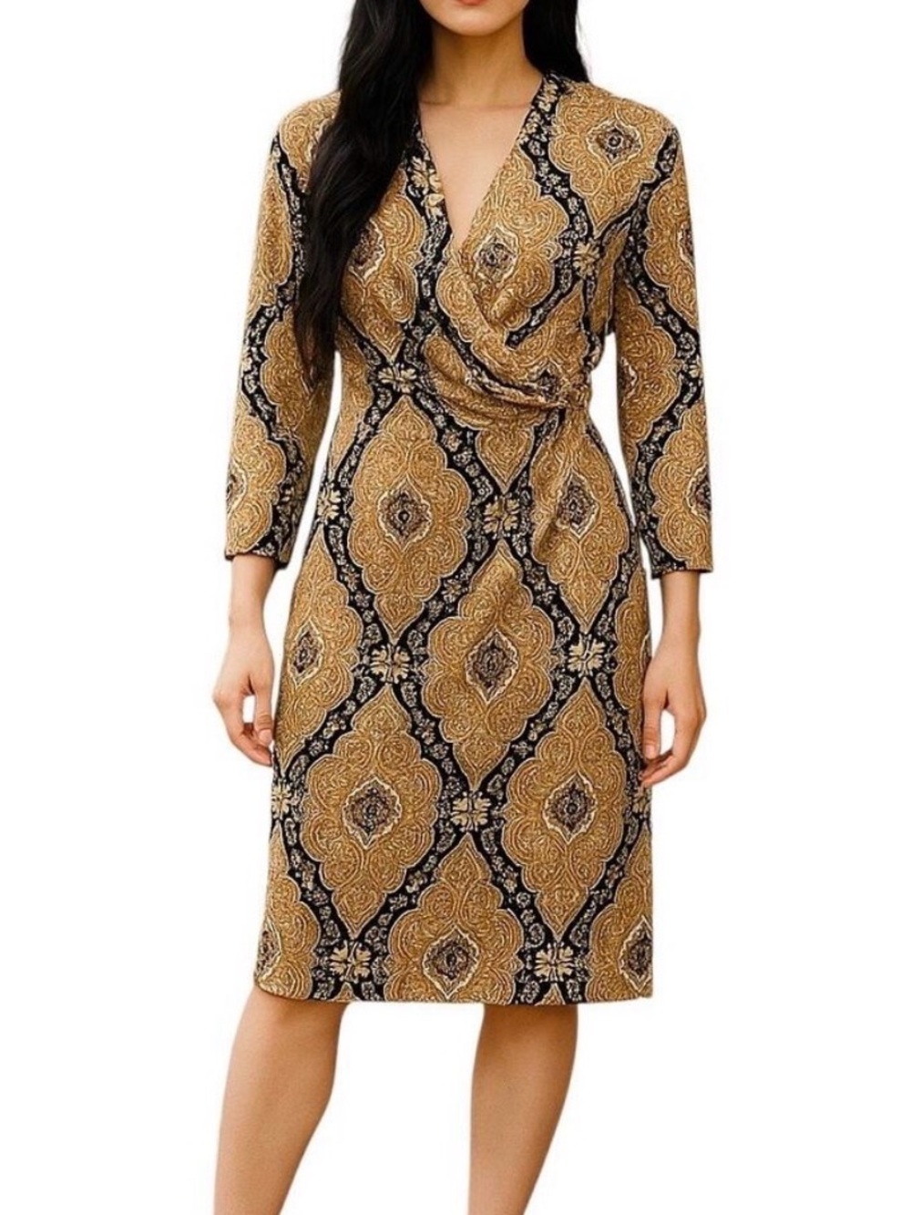 J. McLaughlin Faux Wrap Medallion Print Dress – Mustard Black Cream – Size L